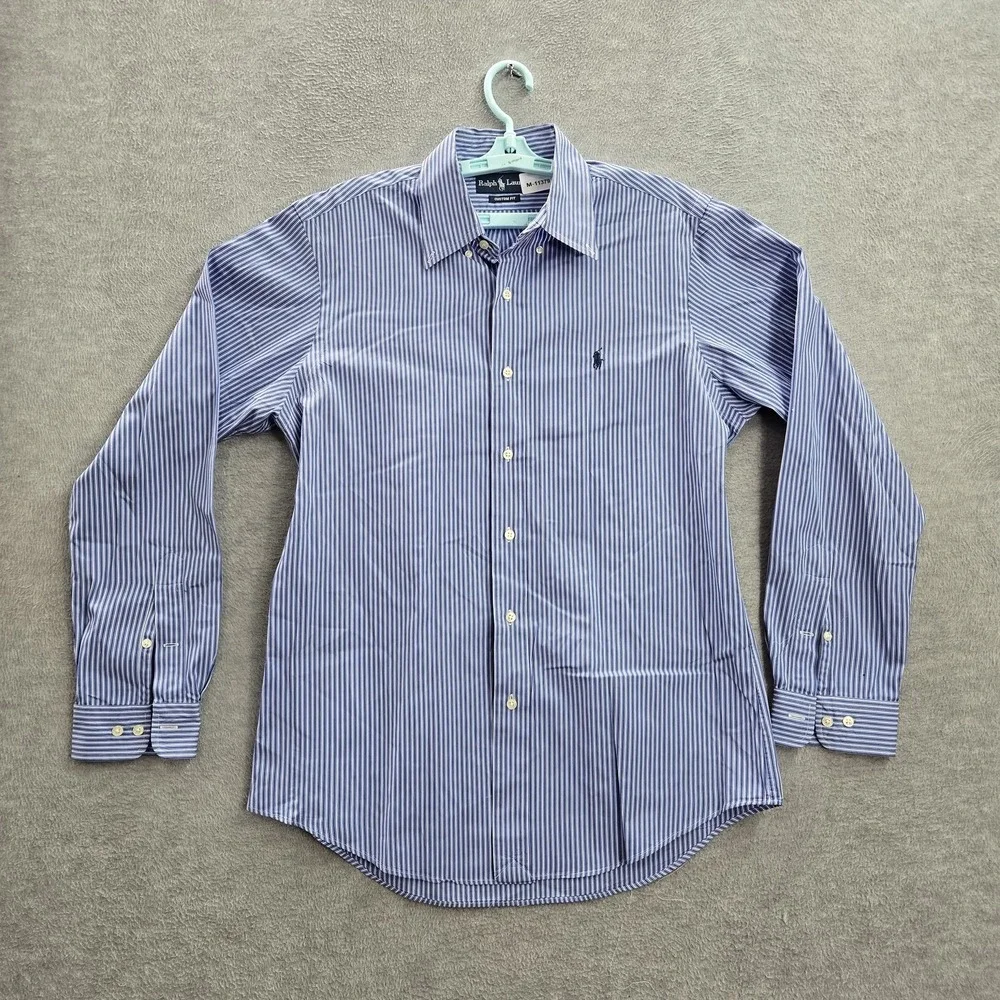 VINTAGE Ralph Lauren Men Button Up Shirt 16 34 Blue Striped Logo Long Sleeve